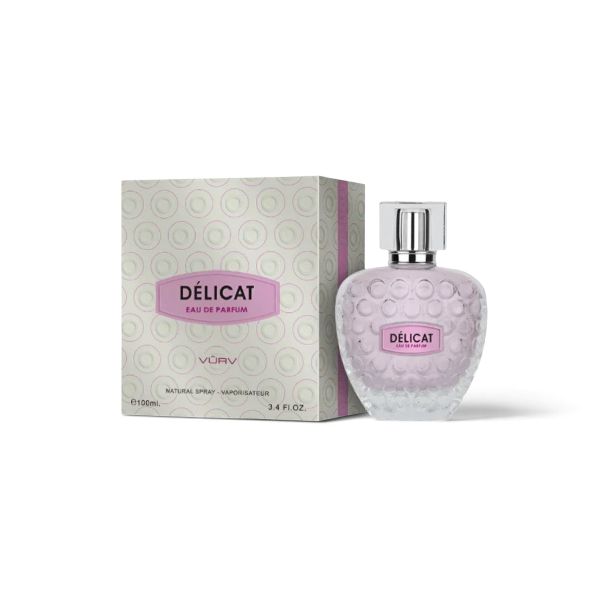 Vuiry Delicat Eau de Parfum bottle with a textured pale pink glass body and a silver cap, shown next to its matching patterned packaging box on a white background.