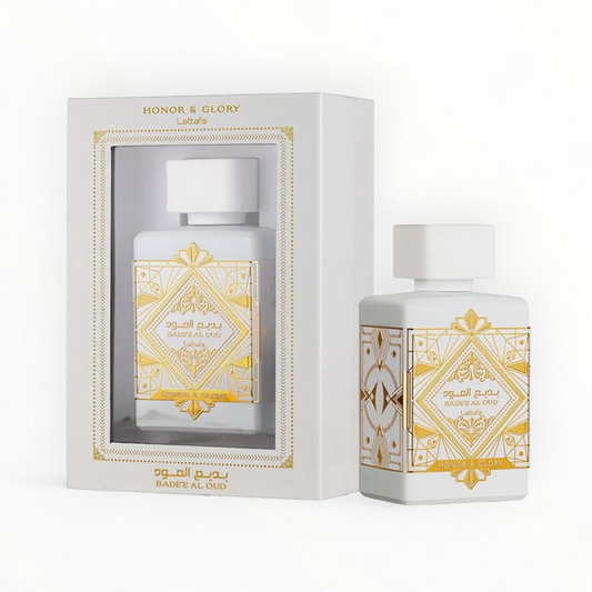 Bade’e Al Oud Honor &amp; Glory is an opulent and prestigious fragrance by Lattafa